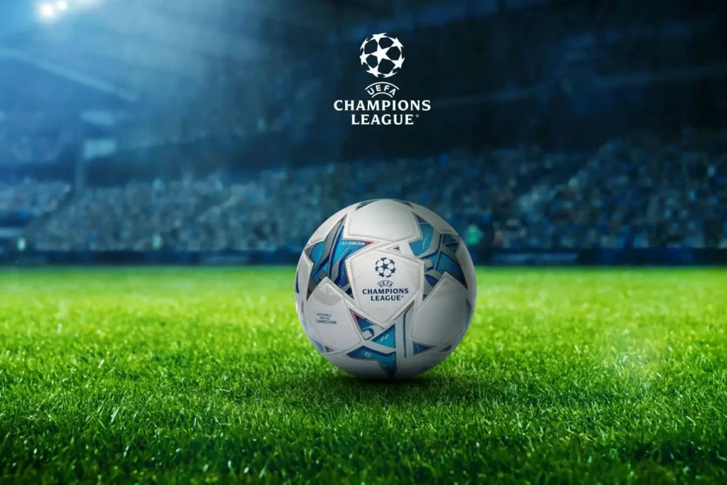 Ball auf dem Rasen mit CL-Logo